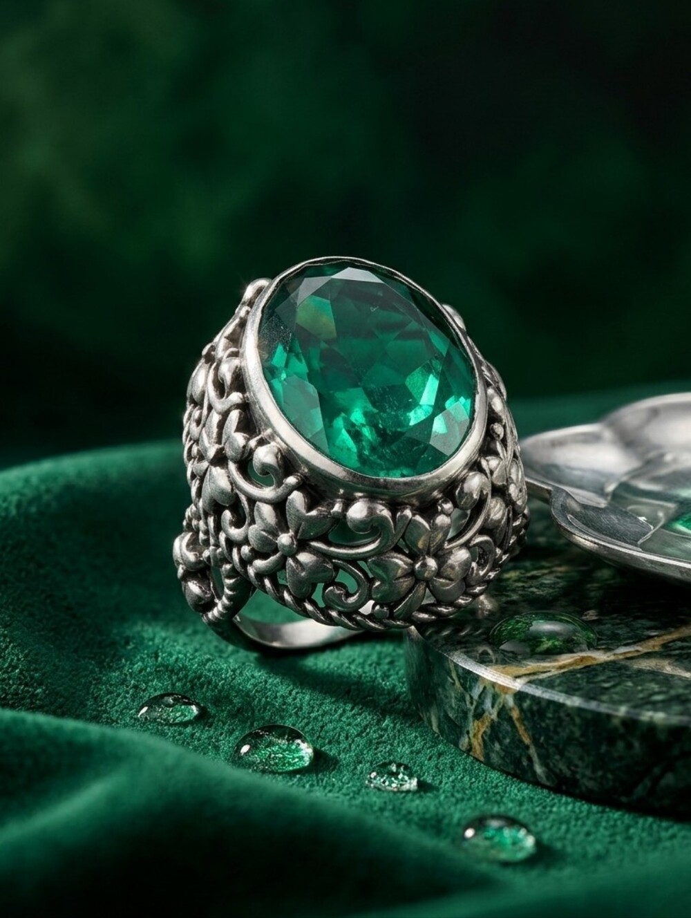 Emeraldine Quartz Ring Sterling Silver 12.90 ctw,